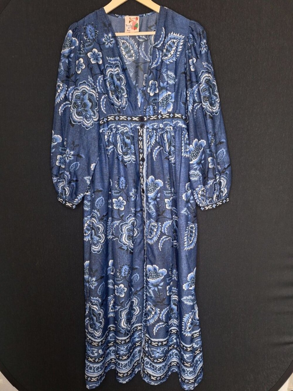 💙 Truly 4 You Blue Floral Maxi Dress XL Long Sleeve Boho Button Front Empire Wa